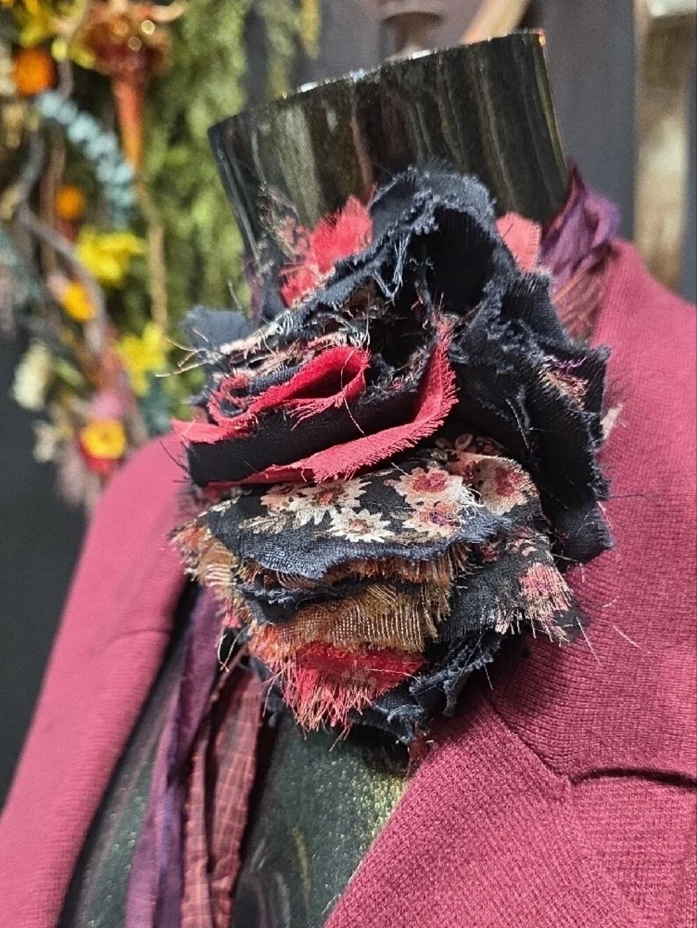 Artisan Women's Burgundy Wrap Scarf with Floral Accent -